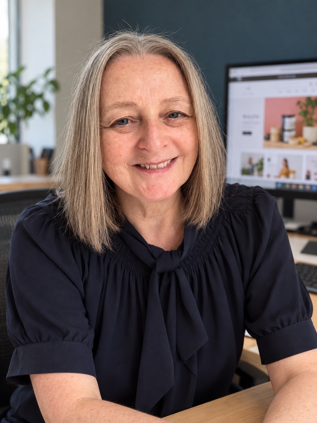 Angela leaning on a desk and smiling to camera